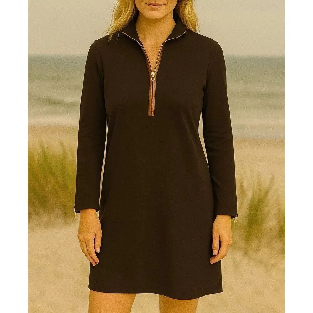 Lauren Ralph Lauren black leather trim quarter zip long sleeve dress 4
